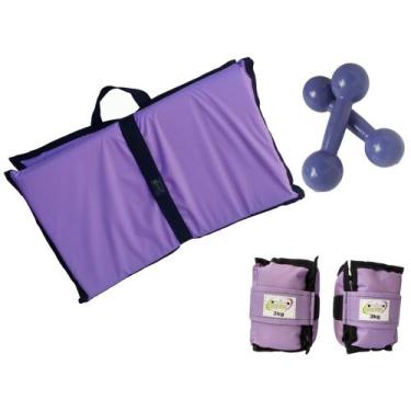 Imagem de Kit Tornozeleira 3KG Nylon Lilás + Halteres 3KG Lilás + Colchonete Dob