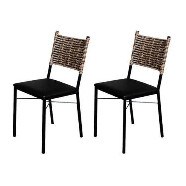 Imagem de Kit 2 Cadeiras Para Cozinha Preta Ratan Cappuccino Assento Estofado - 