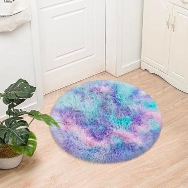 Imagem de JiaoBaba Tapete redondo tie dye arco-íris pequeno 0,9 x 0,9 m tapete fofo circular felpudo tapete de pelúcia para quarto de meninas, quarto de crianças, sala de estar, berçário, decoração de quarto