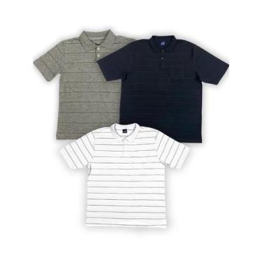 Imagem de KIT Masculino 3 Peças  - Camisa Polo Listrada Preto, Cinza e Branca - 