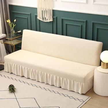 Imagem de Capa de futon sem braços com saia de babados, sofá-cama futon altamente elástica(Beige,Medium (155-185cm))