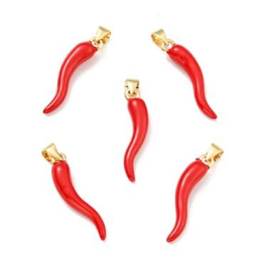 Imagem de Ornazy 20 berloques de latão com pingente de pimenta imitação 3D pingentes de comida de chifre italiano vermelho pingentes de cornicello para fabricação de joias e artesanato, Metal não precioso, Sem