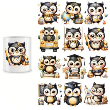Imagem de 4 peças de coruja tema escolar UV DTF envoltórios de copo de inverno UV DTF transferência adesivo à prova d'água para copos de vidro, móveis, artesanato DIY, adesivos de transferência para garrafa de