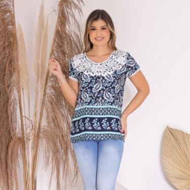 Imagem de Camiseta Blusa Feminina Estampada de Manga Curta com Renda e Viscose P