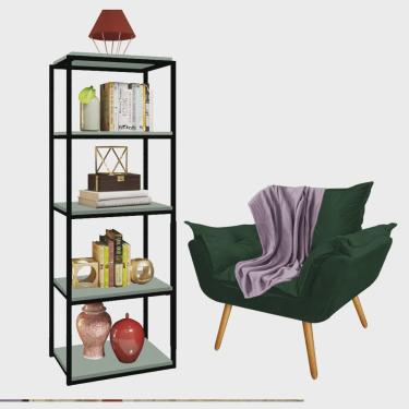Imagem de Kit Poltrona Fatte com Manta Soft Lilás e Estante Livreiro Ferro Preto mdf Verde Oliva Suede Verde Musgo - Ahz Móveis