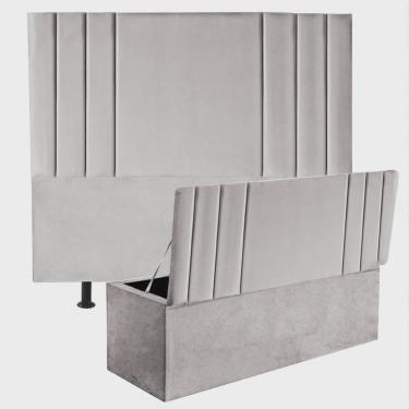 Imagem de Kit Cabeceira Estofada e Calçadeira Baú Recamier Grécia 160cm Queen Size Corino Cinza Claro - Ahz Móveis