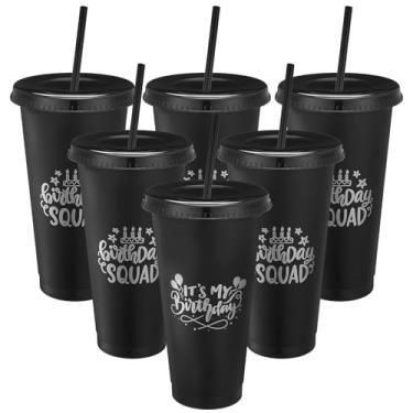 Imagem de Jingmore Copos de plástico de esquadrão de 680 g com tampa e canudo para decorações de aniversário de 20, 30, 40, 50, 60 anos, lembrancinha para mulheres e adultos (preto, palavras prateadas, 6 peças)