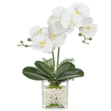 Imagem de Orquídeas brancas, flores artificiais, 41 cm, planta em vaso, arranjos de flores falsas com vasos de vidro, peças centrais brancas pequenas para cozinha, sala de jantar, banheiro, mesa de cabeceira