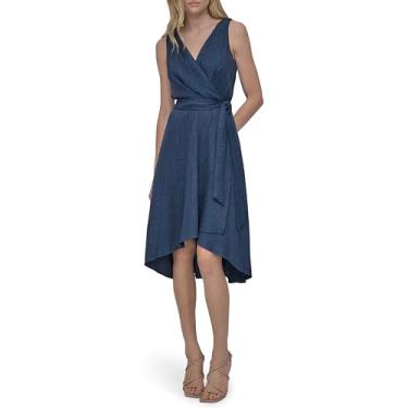 Imagem de DKNY Vestido midi feminino sem mangas sobrepeliz com ajuste e flare, Jeans, 40