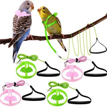 Imagem de Shappy 4 peças de arnês ajustável para pássaros papagaios de estimação, corda de tração para pássaros voando com fofo para papagaios, pombos, periquitas, periquitas, calopsitas Mynah, brinquedo de