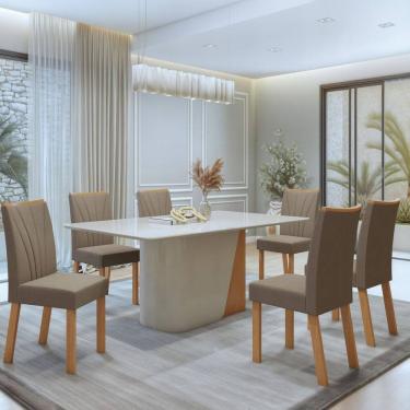 Imagem de Conjunto Luar 170cm Tampo MDF com Vidro e 6 Cadeiras Apogeu Amêndoa Clean/Off White/ Bege