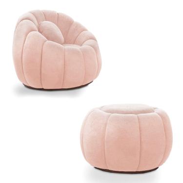 Imagem de Poltrona Decorativa Orgânica Giratória com Puff Cloud Bouclê Rosê E03 - D`Rossi