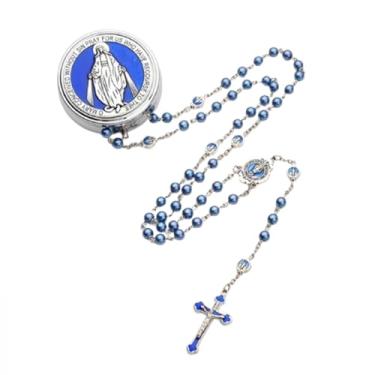Imagem de Colar de rosário católico com contas de vidro de 6 mm para mulheres e homens com Virgem Maria, peça central e pacote de crucifixo em caixa de presente de metal, 20inches, Acrílico, Hematita