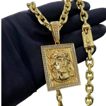 Imagem de Cordão 8Mm Cadeado + Pingente Jesus Face - Banhado A Ouro