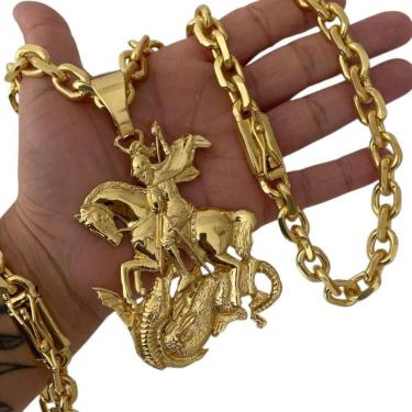 Imagem de Cordão + Pulseira 12Mm + Pingente São Jorge - Banhado A Ouro