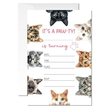 Imagem de ZYQFN 20 Convites de aniversário de gatos para meninas meninos crianças adultos com envelopes - 10 x 15 cm cartão It's a Paw-ty Kitten, convites de festa temáticos de animais de estimação fofos. (029)