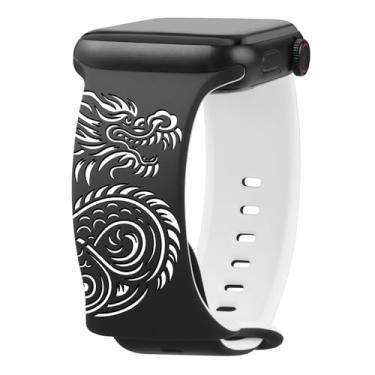 Imagem de Pulseira de relógio inteligente Art Collection para Apple Watch – design dragão tigre, cobra lobo e águia careca, pulseira de silicone preto e branco para mulheres e homens – compatível com Apple