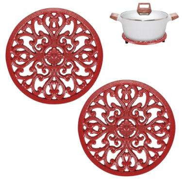 Imagem de Sumnacon Base De Ferro Fundido 2 Peças 6,7" Para Panelas, Pratos Quentes, Bules, Bases Resistentes Ao Calor Com Pés Borracha, Cozinha, Mesa Jantar, Fogão, Retrô Vermelho