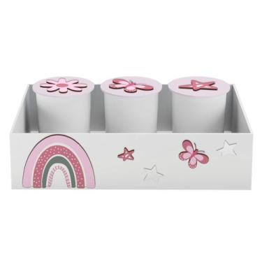 Imagem de Trio de Potes e Bandeja Kit Higiene MDF Arco Íris - Neném na Nuvem, RO