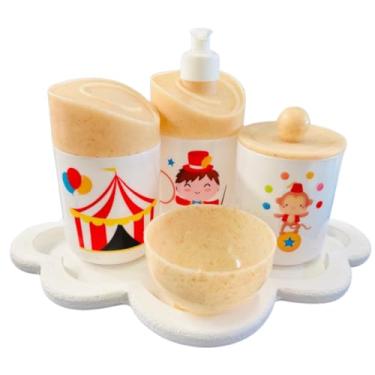 Imagem de Kit Higiene Baby Circo Menino c/bandeja em MDF (Nuvem branca/madeira)