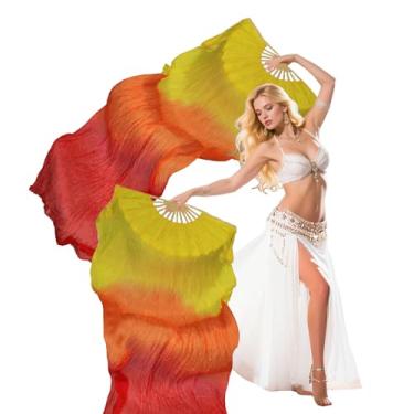 Imagem de Leemiman Par de véus profissionais para fãs de dança do ventre (esquerda + direita), véus de leque de seda sintética de 180 x 90 cm para apresentações de dança oriental (vermelho laranja amarelo)