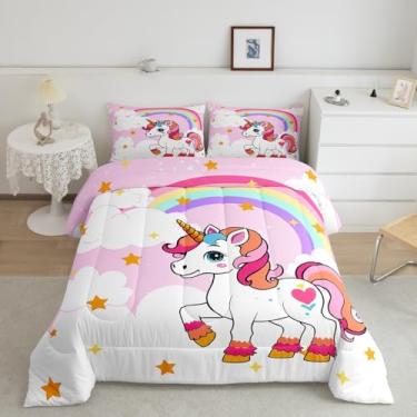 Imagem de Feelyou Conjunto de cama casal de unicórnio rosa com desenho animado fofo de unicórnio arco-íris para meninas, galáxia, estrelas, fantasia, edredom feminino kawaii, decoração de quarto