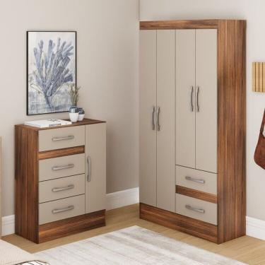 Imagem de Quarto Completo Com Guarda-roupa 4 Portas E 2 Gavetas E Cômoda 4 Gavetas E 1 Porta Castanho/off-white