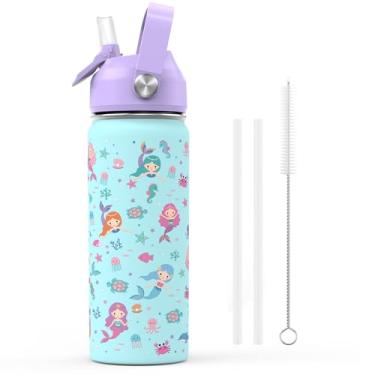Imagem de ACESAK Garrafa de água infantil isolada de 510 g com tampa de canudo - copo infantil de aço inoxidável 18/8 sem BPA, copo de viagem de parede dupla, à prova de vazamento, portátil para escola (sereia)