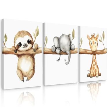 Imagem de Decoração de parede de animais de berçário, imagens de quarto de bebê, meninos, selva, safári, berçário, decoração de parede, pôster de animais da floresta, estampa de elefante da selva, arte para