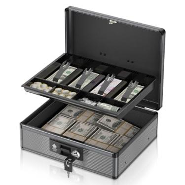 Imagem de Lockbako Caixa de dinheiro com trava e chave, cofre seguro para dinheiro, caixa portátil com 2 espaços de armazenamento, organizador de economia de dinheiro (preto, extra grande)