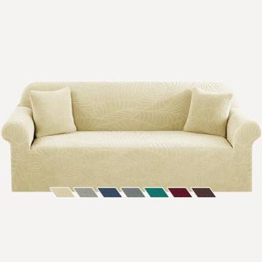 Imagem de YEMYHOM Capa de sofá com design jacquard de alta elasticidade extra grande, à prova de gatos, superdimensionada, antiderrapante, mágico, elástico, protetor de móveis (GG, folha de begônia bege)