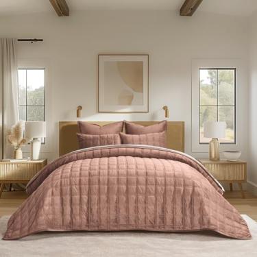 Imagem de EVERGRACE 3 peças luxuosas de veludo tamanho Queen, conjunto de colcha ultramacia, edredom de veludo leve com costura dupla para todas as estações com 2 fronhas, argila terracota, 274 cm x 243 cm