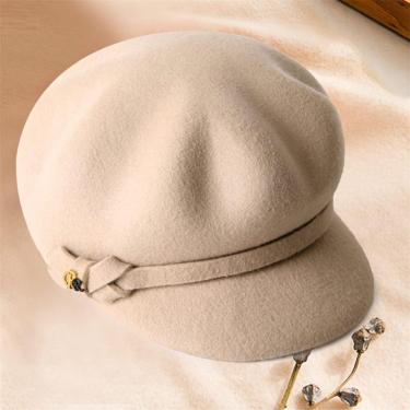 Imagem de Britânico Quente Lã Feltro Womensboy Cap Chapéus Octogonais Boina Coreano Senhoras Chapéu Pontudo Caps Com Cinto De Laço, Khaki, M(55-58CM)