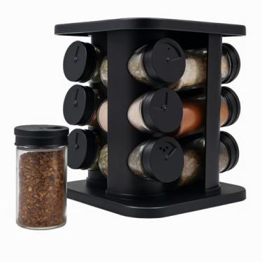 Imagem de Porta Temperos Condimentos 12 potes de vidro Organizador Giratório Temperos e Especiarias Preto com Base Giratória Original