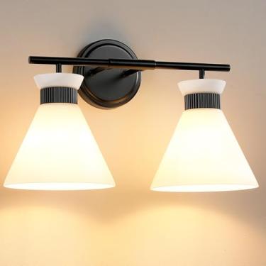 Imagem de WOSHITU Luminárias De Banheiro Pretas: Sobre Espelho 17,3" Com Vidro Fosco Branco Leitoso, Luminária Parede Moderna Meados Do Século 2 Luzes (Sem Lâmpada)