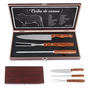 Imagem de Kit Churrasco 4 Peças Aço Inox e Caixa de Madeira Garfo Faca e Amolado