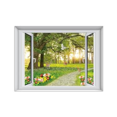 Imagem de Quadro de Parede Janela Falsa-Paisagens Impressões em Tela-Árvore Deer Flores-Natureza Pinturas Decoração 50x70cm-19x27in Sem Moldura