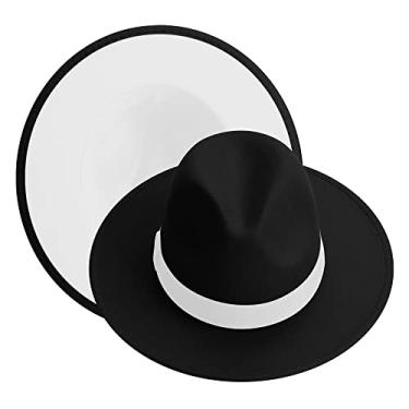 Imagem de KUJUHA Chapéus Fedora para homens/mulheres, chapéu Fedora de feltro em dois tons, aba larga, chapéu de rancheiro, preto/branco - branco, P-M