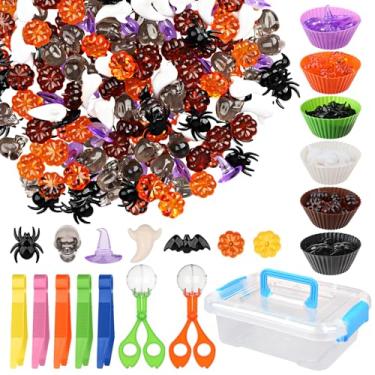 Imagem de 210 Pcs Halloween Sensory Bin Filler Fine Motor Toys Counting Sorting Fall Decorations 5 Tweezers 2 Scissors Clips 6 silicone plates 1 Storage Box Halloween Sensory Bin Filler for Counting DIY Crafts