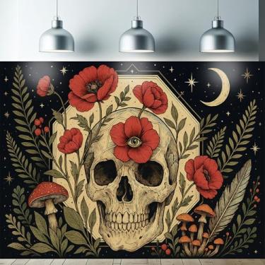 Imagem de Starlit Patio Tapeçaria de flor de caveira gótica luz negra UV reativa para pendurar na parede papoula e cogumelos do terceiro olho para quarto, dormitório, sala de estar, decoração espiritual