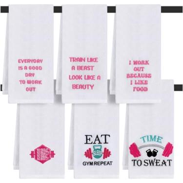 Imagem de Hahafelt 6 peças de toalhas bordadas esportivas de ginástica 11,8 x 27,5 polegadas algodão contorno barra suor toalhas de ginástica acessórios de ginástica amante de esportes presente para treino