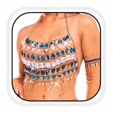Imagem de Cosydays Sutiã de strass, corrente de ouro, frente única, azul, cristal, boate, praia, biquíni, joia para mulheres, One Size, Cristal, Cristal