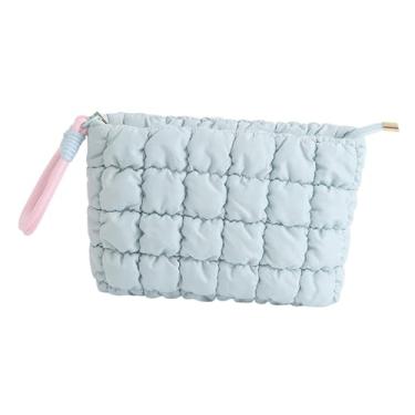 Imagem de harayaa Bolsa de maquiagem de viagem, bolsa de cosméticos moderna para lápis de sobrancelha, pincel de maquiagem e batom, Azul