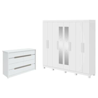 Imagem de Guarda Roupa Casal Andara Soft com Espelho e Pés com Cômoda Gaveteiro Urban Branco Brilho - Lopas