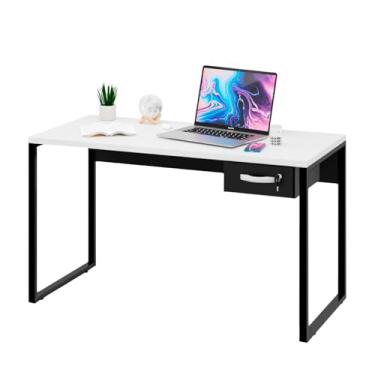 Imagem de Mesa Para Escritório Estilo Industrial 1,35m 30mm Com Gaveteiro (Branco)