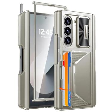 Imagem de Capa para Galaxy Z Fold 6, nível militar, cobertura total, película protetora 9h, clipe traseiro, porta-cartões S Pen, capa de celular luxuosa à prova de choque (para Galaxy Z Fold 6/dourada)