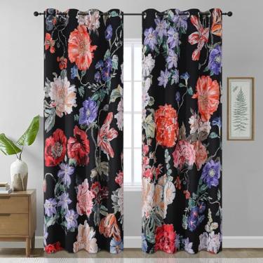 Imagem de Estelar Textiler Cortinas blecaute com padrão floral para sala de estar 228,6 cm de comprimento, 2 painéis, glória da manhã escura, flores e cortinas com ilhós para decoração de quarto, 132 cm L x 228
