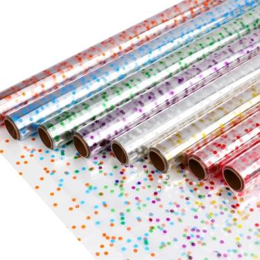 Imagem de CMFYHM Rolo de papel celofane transparente com 8 rolos (86 cm x 5 m x 8 cores), embalagem de celofane de bolinhas transparentes extra largas para cestas de presente, flores, doces, artesanato DIY, chá