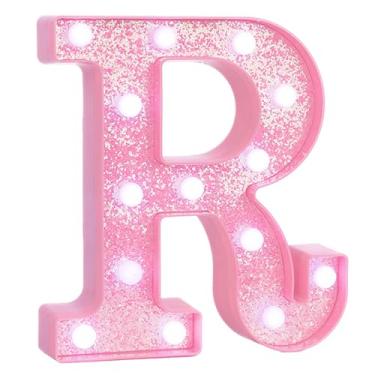 Imagem de EUFONY Letreiro de LED rosa, luzes com letras do alfabeto com glitter para decorações de festa de aniversário, placas de letras operadas por bateria para decoração de mesa de quarto de meninas, letra