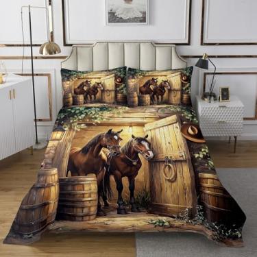 Imagem de Conjunto de cama queen com cavalo 3D, casa de fazenda rústica, 3 peças, para decoração de quarto de crianças, meninas, meninos, adolescentes, caubói ocidental, marrom, vintage, colcha de madeira, 2